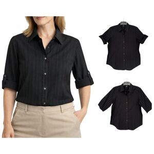 Lauren Ralph Lauren Black Button Up Shirt Roll Tab Sleeve 100% Cotton Size Large